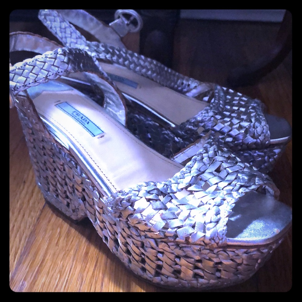 Silver Prada wedges